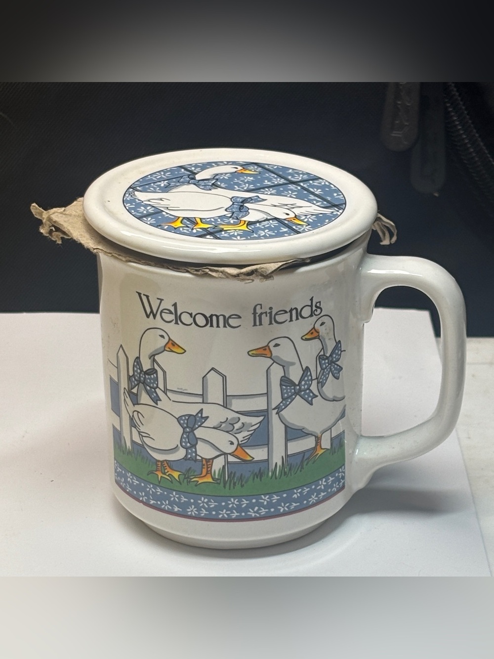 Emson Inc Welcome Friends Mug coaster geese blue bows white fence Country